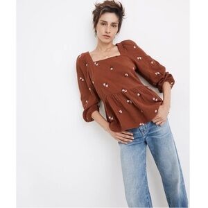 Madewell Brown Puff Sleeve Smocked Blouse